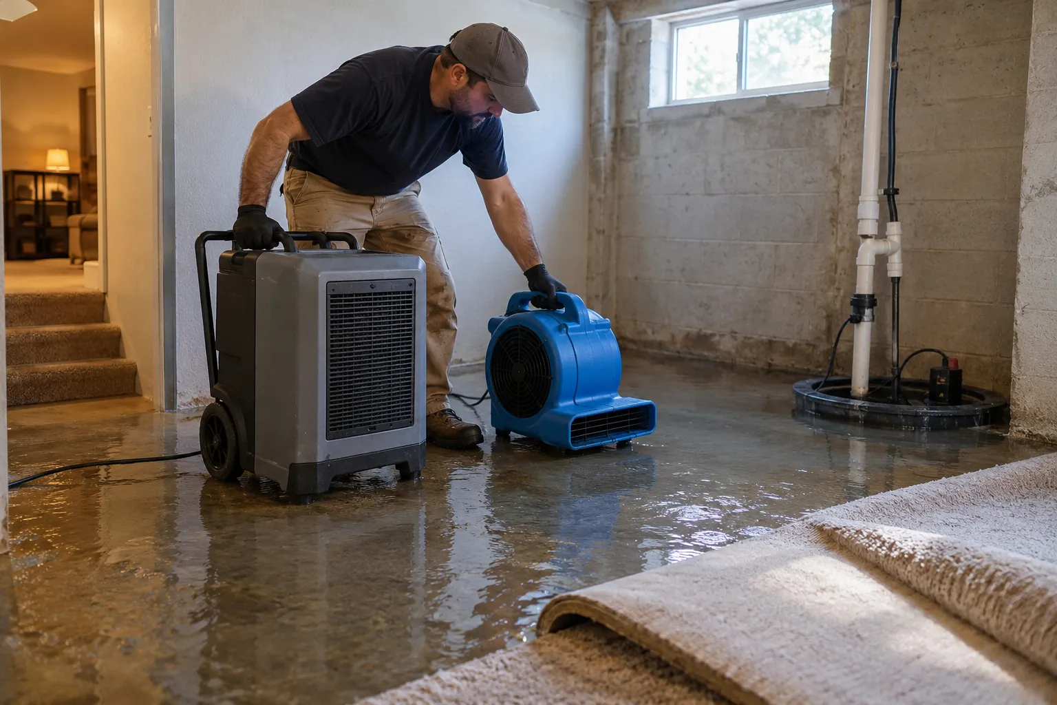 Provider setting up drying equipment in a flooded basement of a ranch home in Oklahoma City