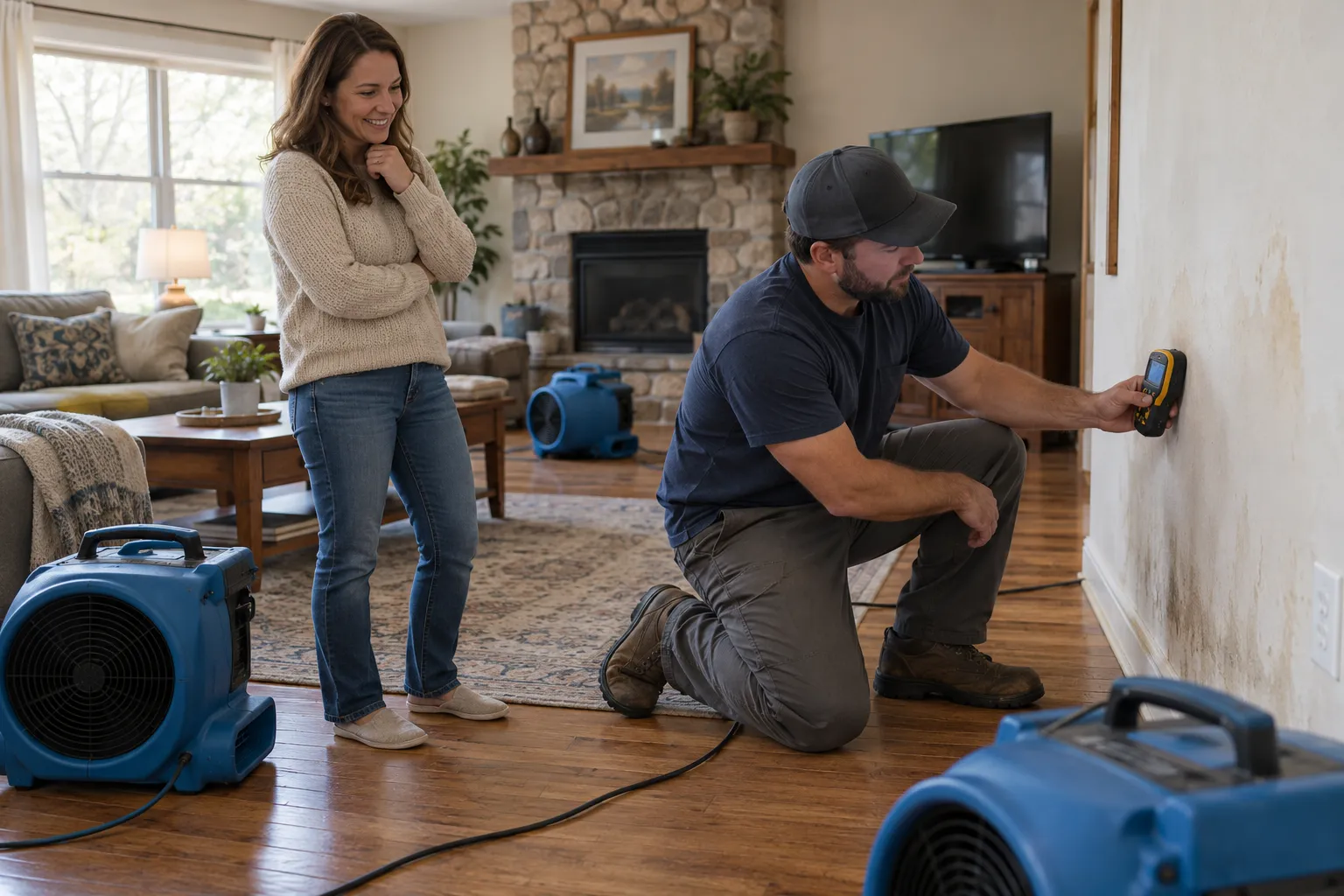 Friendly provider checking a wet living room wall with a moisture meter in a Oklahoma City home