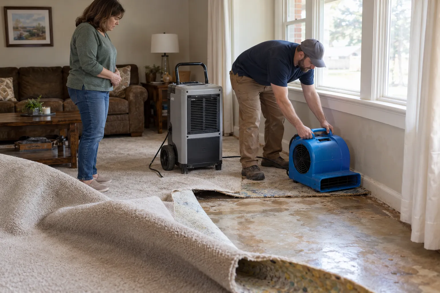 Provider setting up drying equipment in a water-damaged living room in Oklahoma City